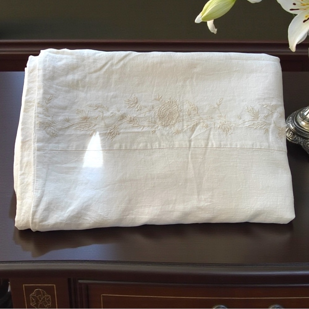 ETHAN ALLEN 100% LINEN Embroidered King Duvet Ivory Cover 95in x 98in